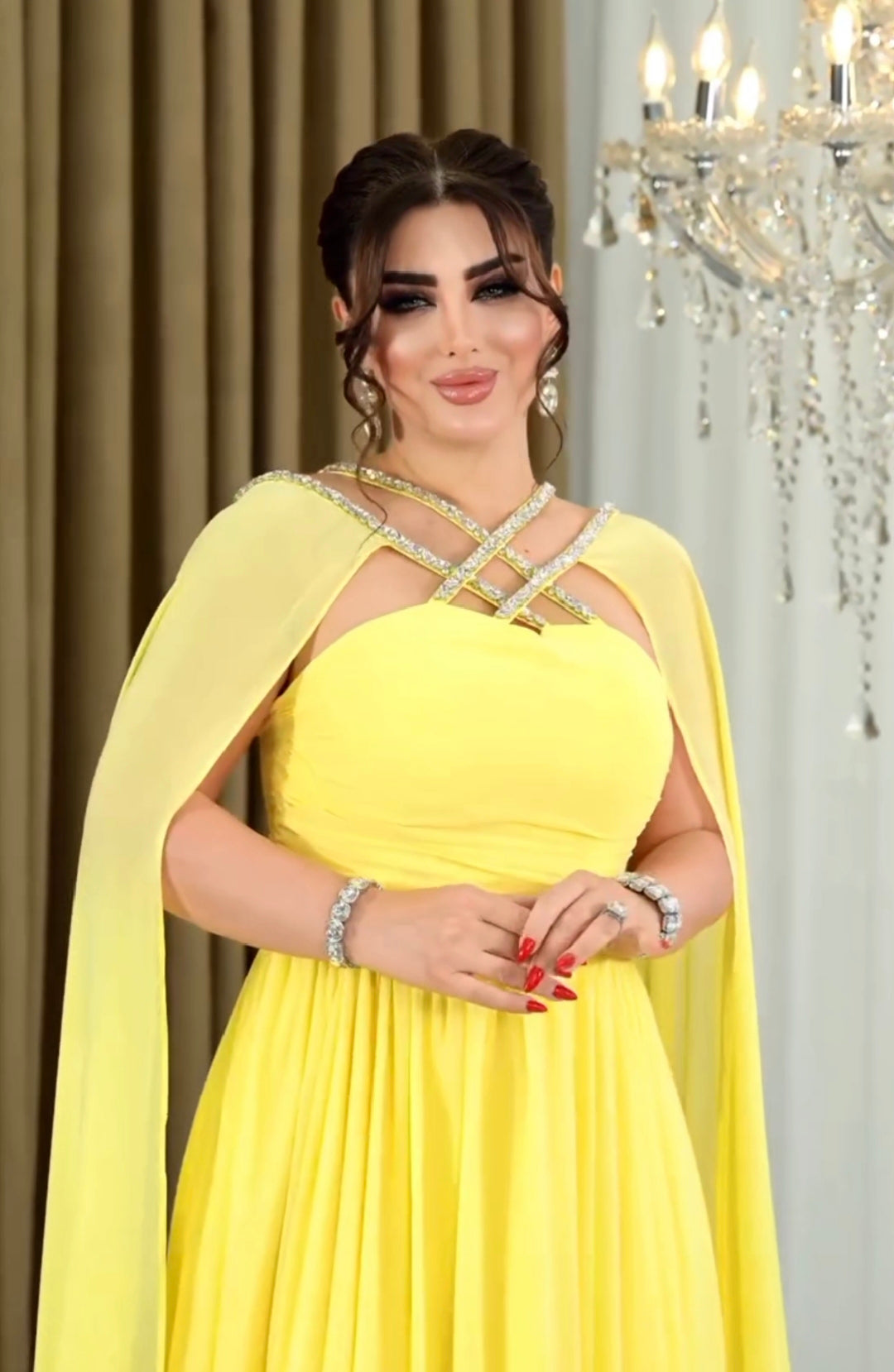 Chiffon Cape Gown with Rhinestone