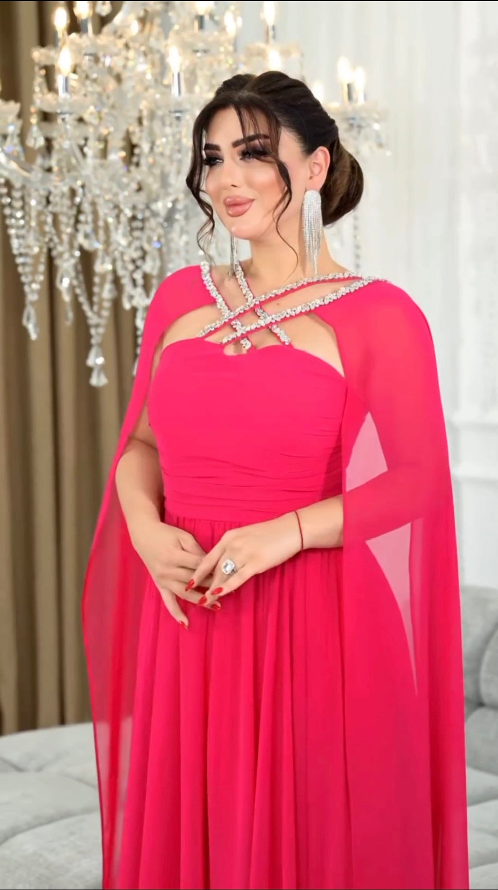 Chiffon Cape Gown with Rhinestone