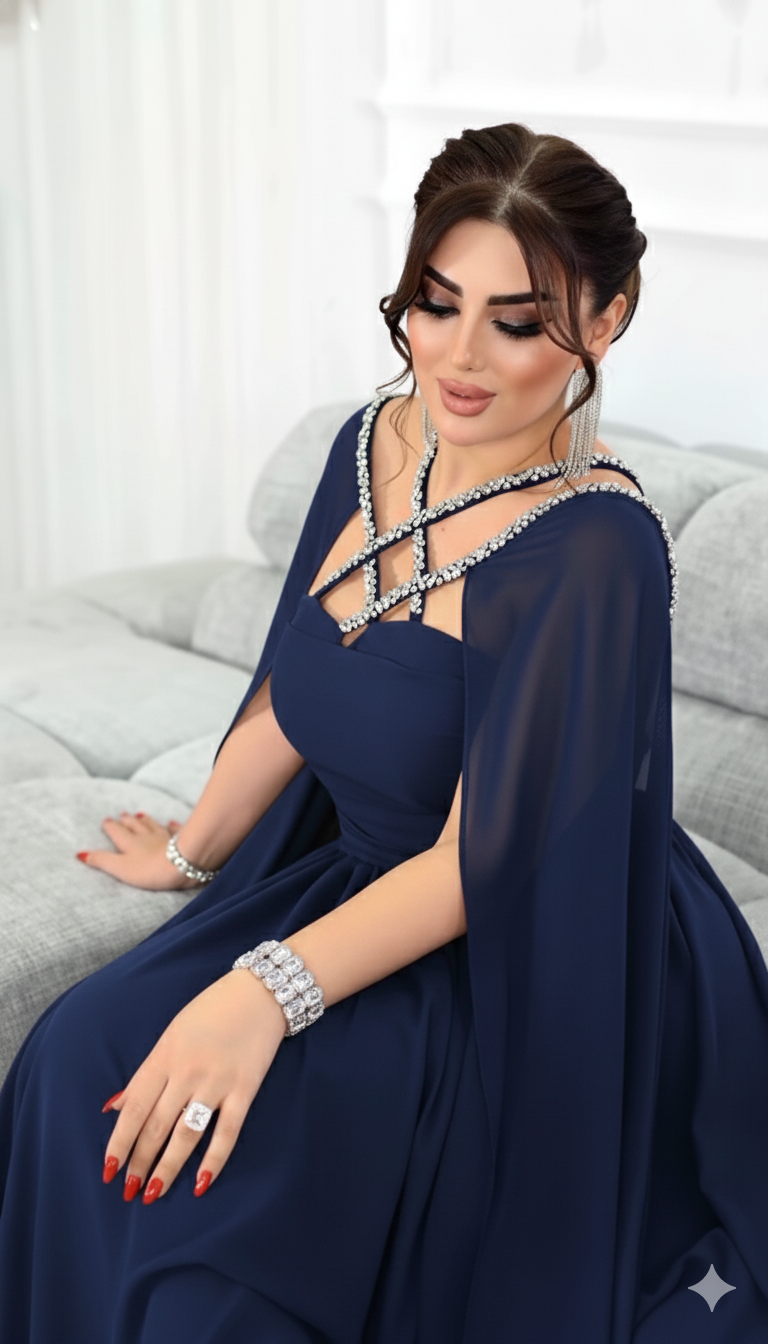 Chiffon Cape Gown with Rhinestone