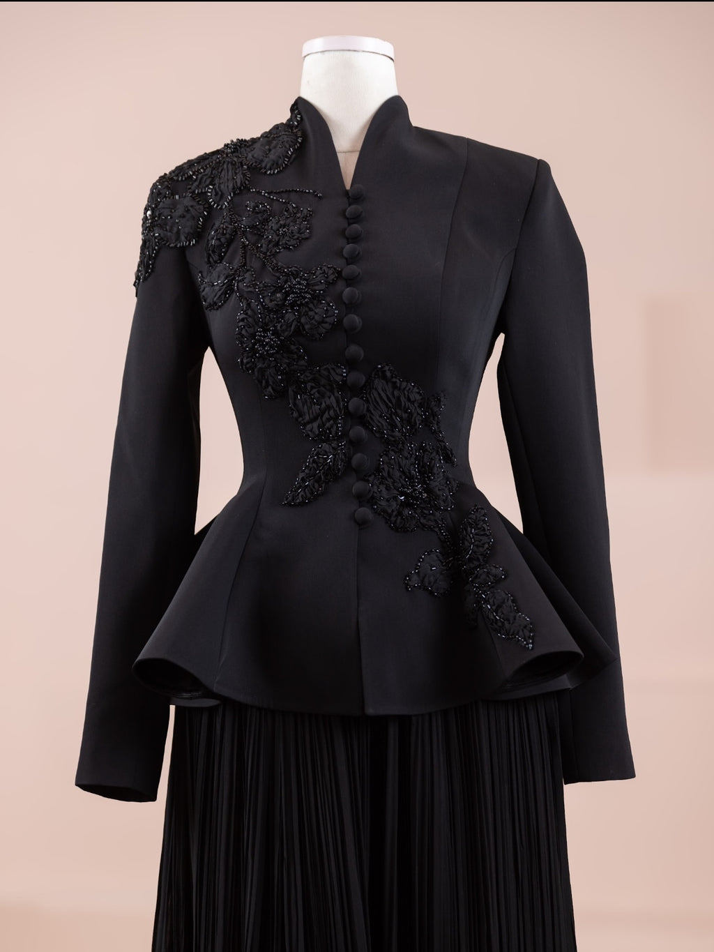 Woman wearing multiple colors available luxury peplum work top and skirt set — embroidered georgette modest abaya by Rubab's Hijab