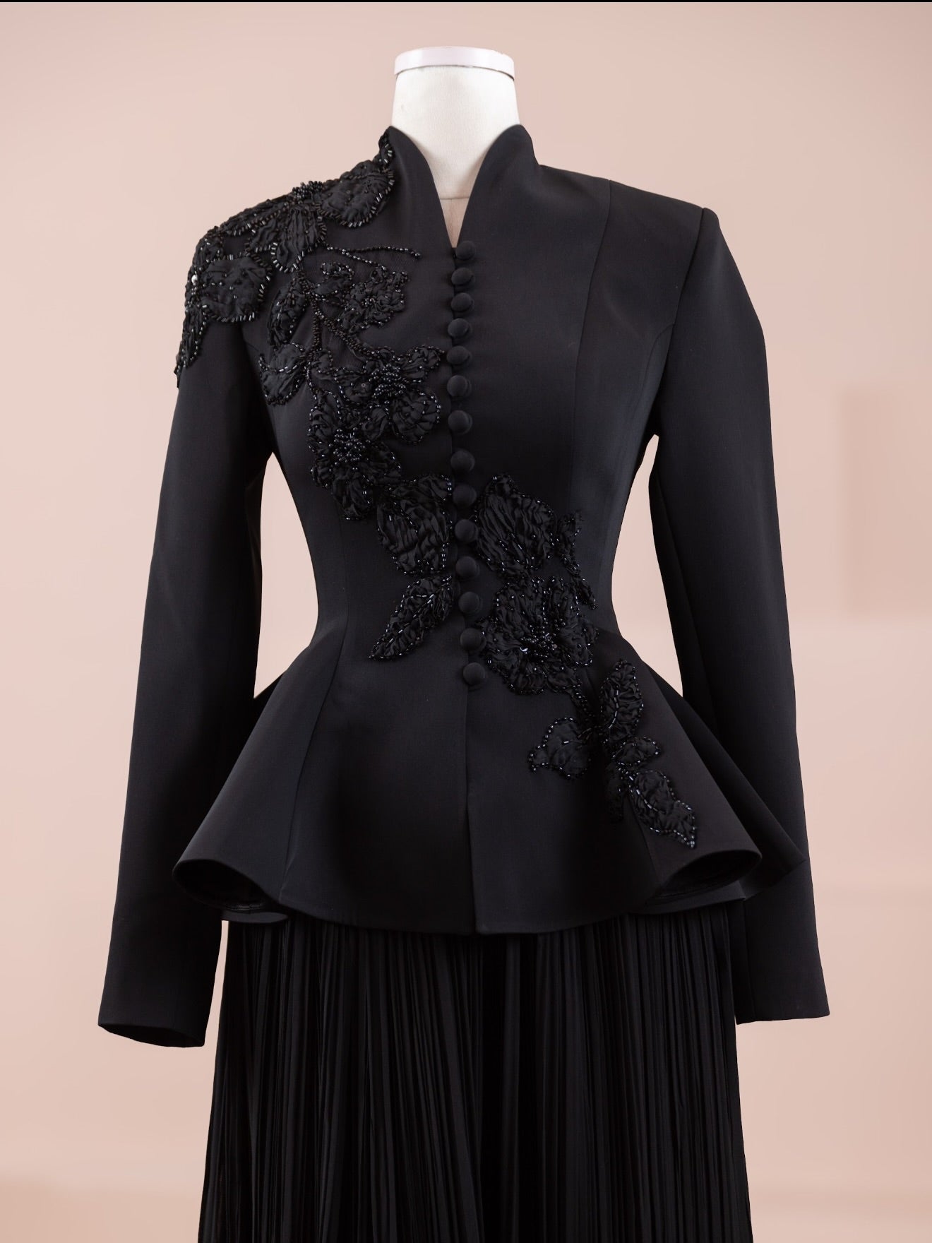 Woman wearing multiple colors available luxury peplum work top and skirt set — embroidered georgette modest abaya by Rubab's Hijab