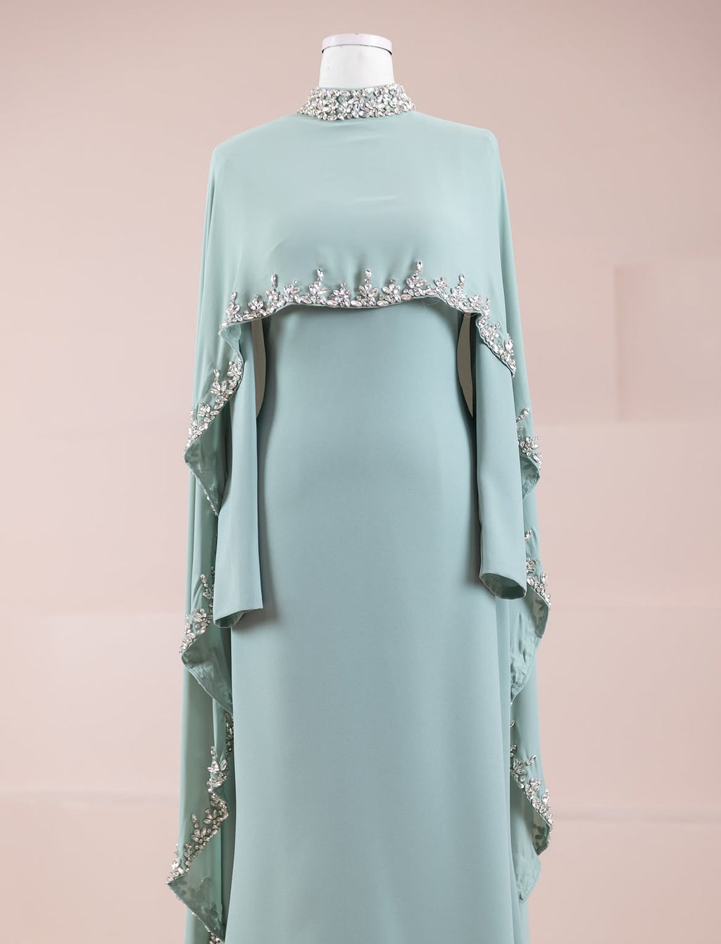 Woman wearing multiple colors available the embellished cape gown — embellished georgette modest abaya by Rubab's Hijab