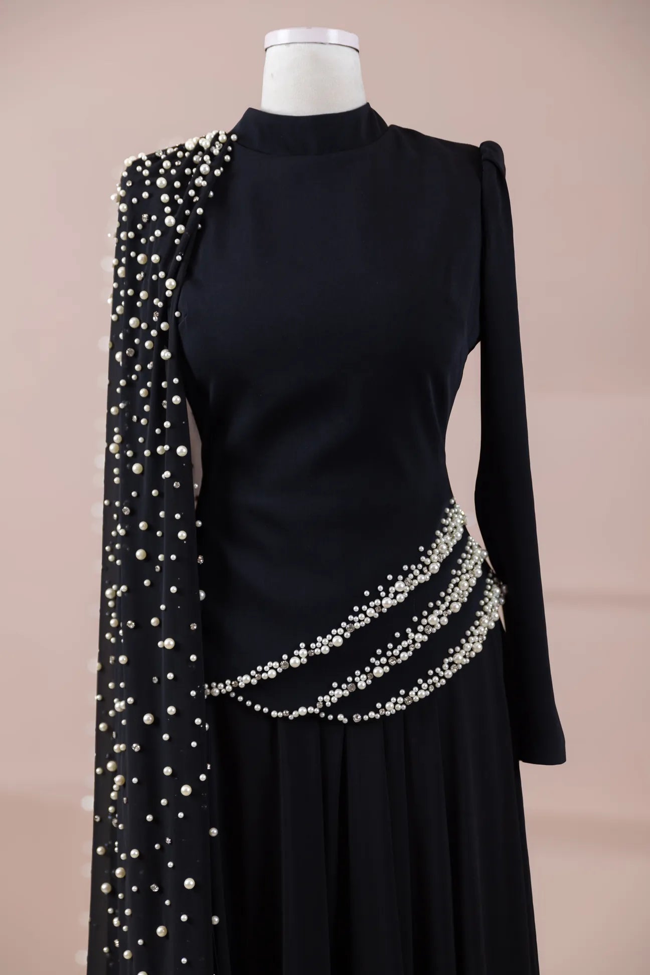 Woman wearing multiple colors available luxury crystal stone work top and skirt — embellished chiffon modest abaya by Rubab's Hijab