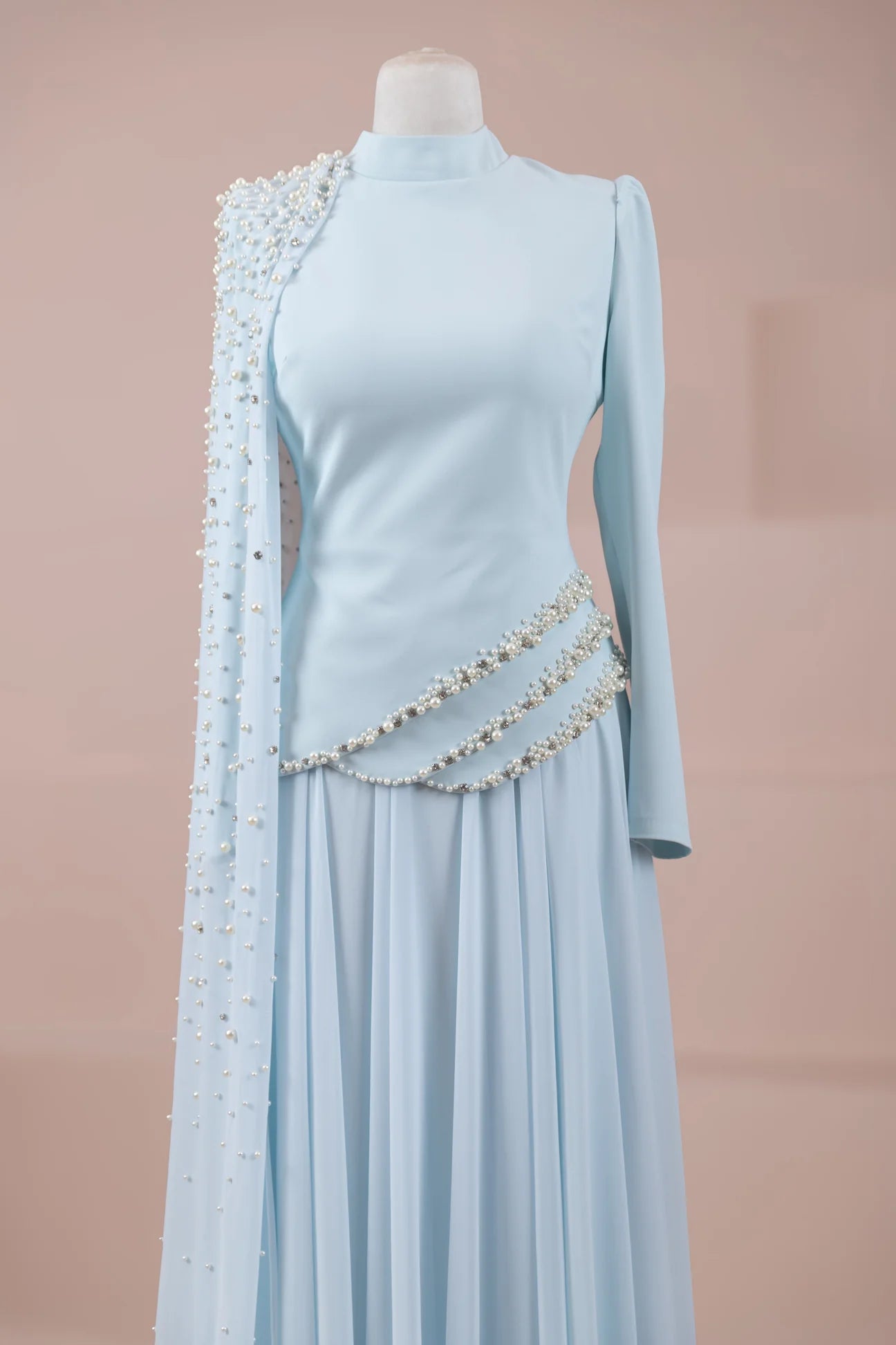 Woman wearing multiple colors available luxury crystal stone work top and skirt — embellished chiffon modest abaya by Rubab's Hijab