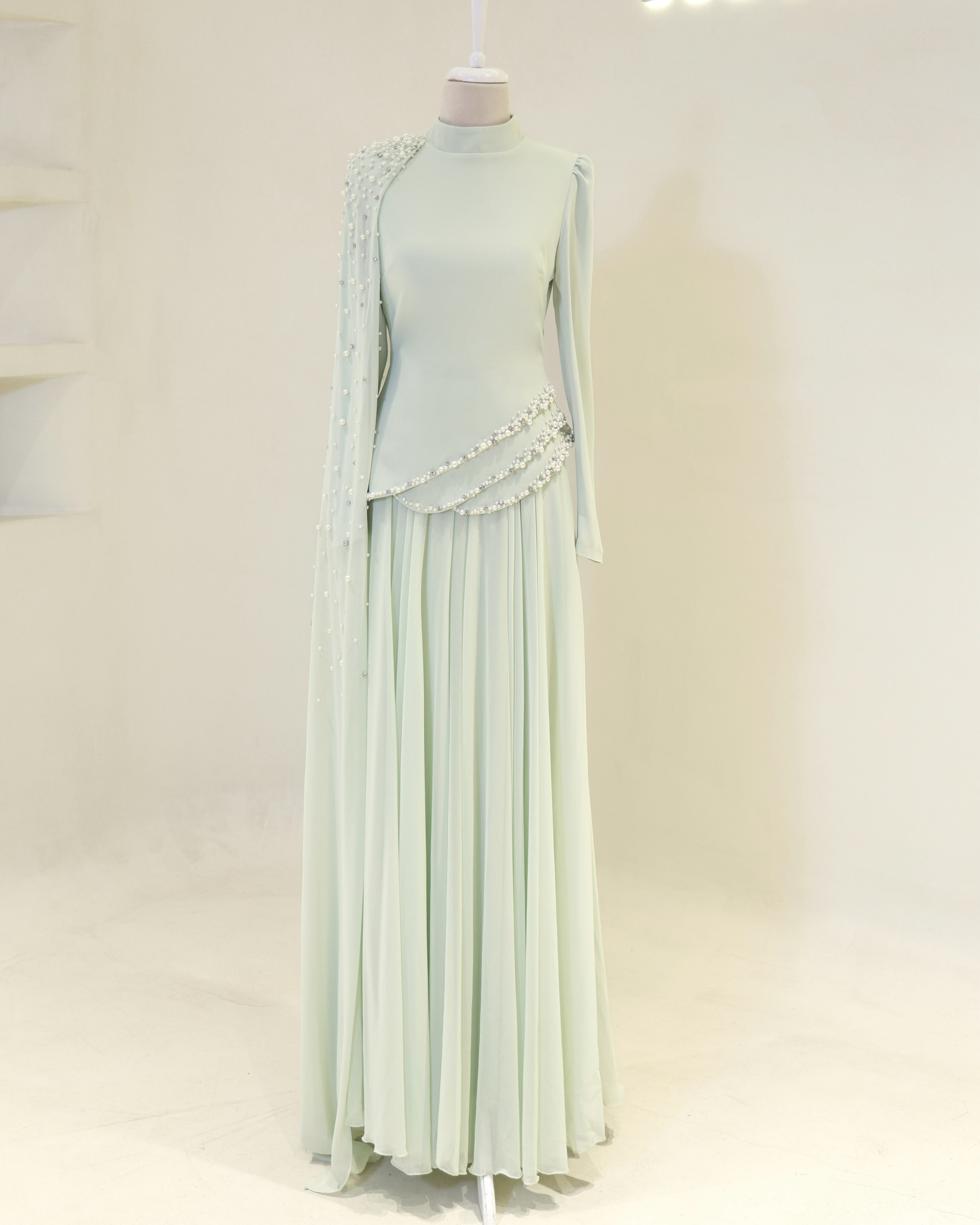 Woman wearing multiple colors available luxury crystal stone work top and skirt — embellished chiffon modest abaya by Rubab's Hijab