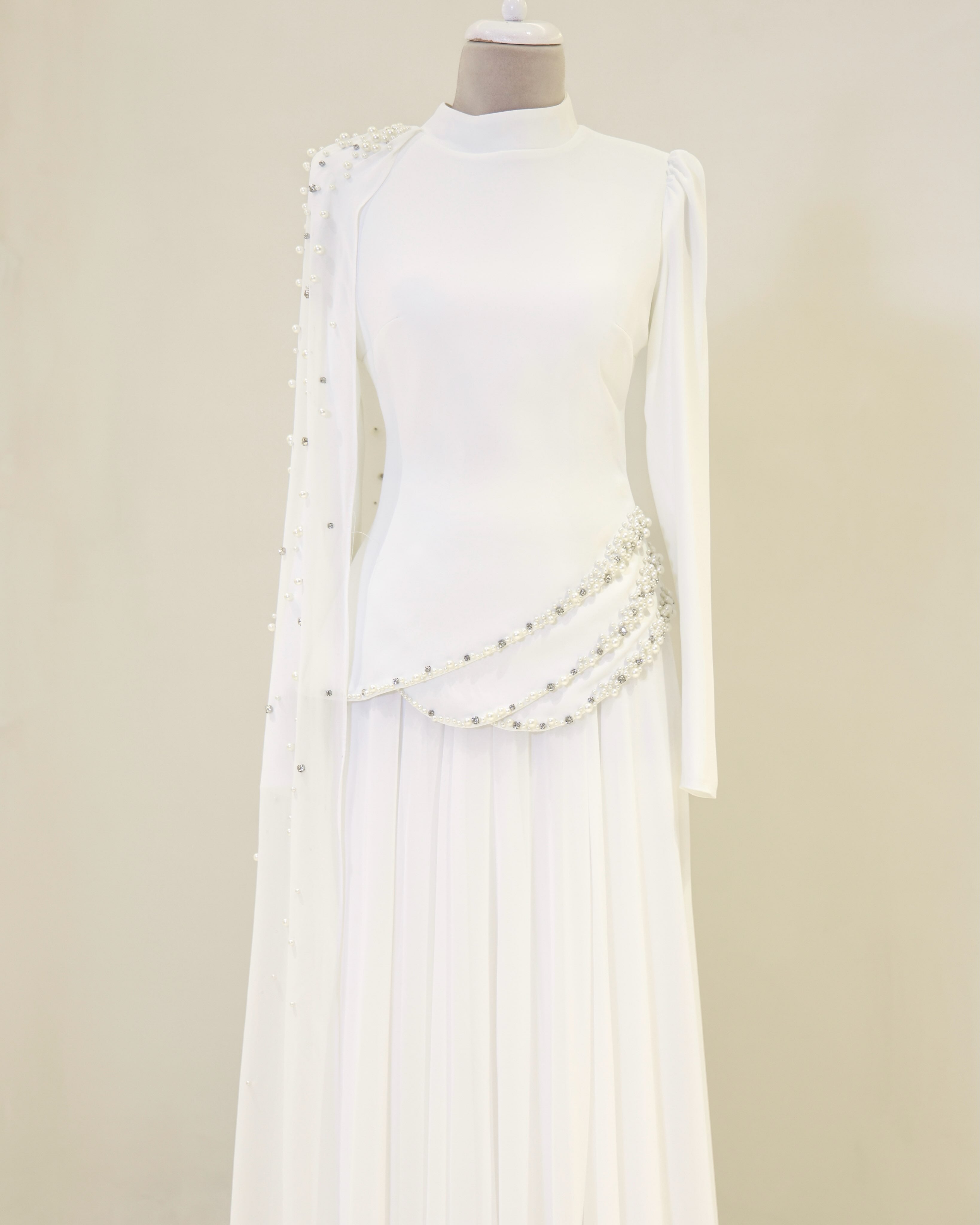 Woman wearing multiple colors available luxury crystal stone work top and skirt — embellished chiffon modest abaya by Rubab's Hijab