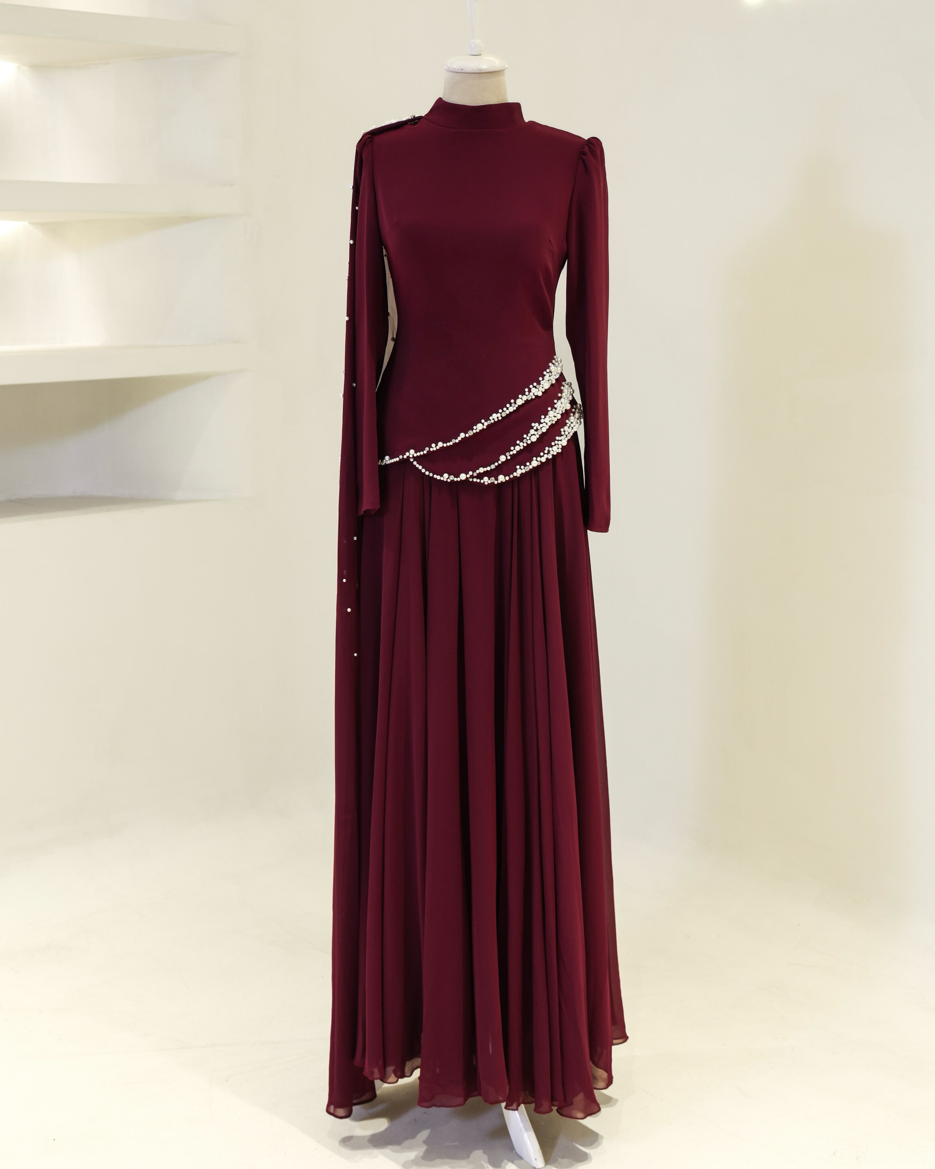 Woman wearing multiple colors available luxury crystal stone work top and skirt — embellished chiffon modest abaya by Rubab's Hijab
