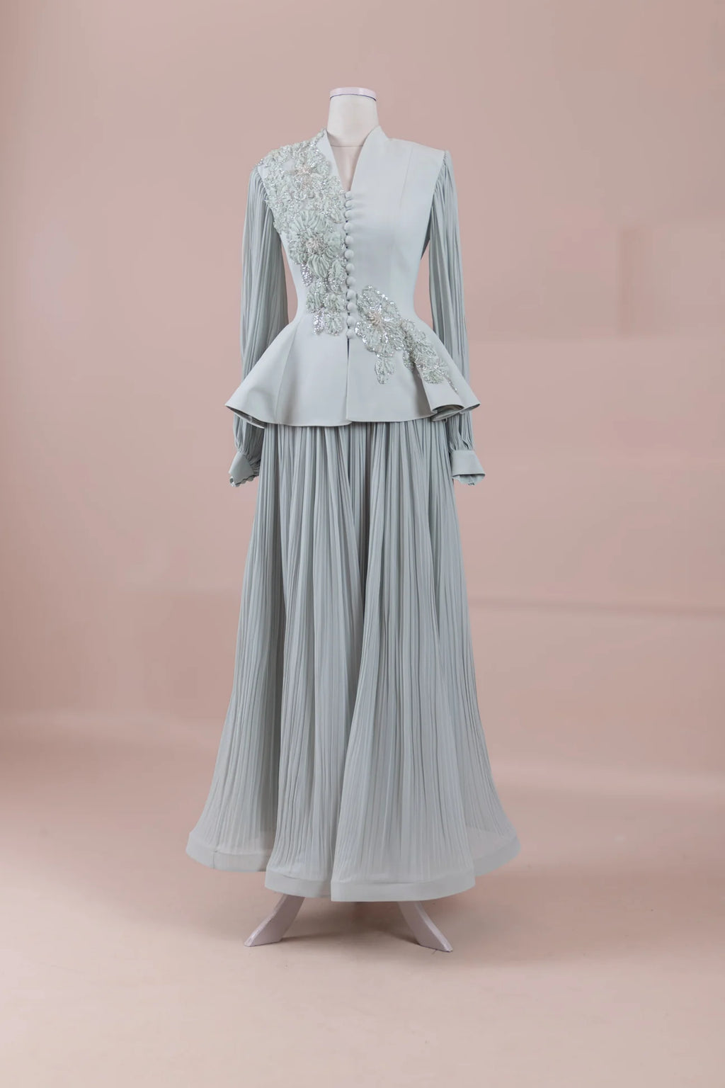 Woman wearing multiple colors available luxury peplum work top and skirt set — embroidered georgette modest abaya by Rubab's Hijab