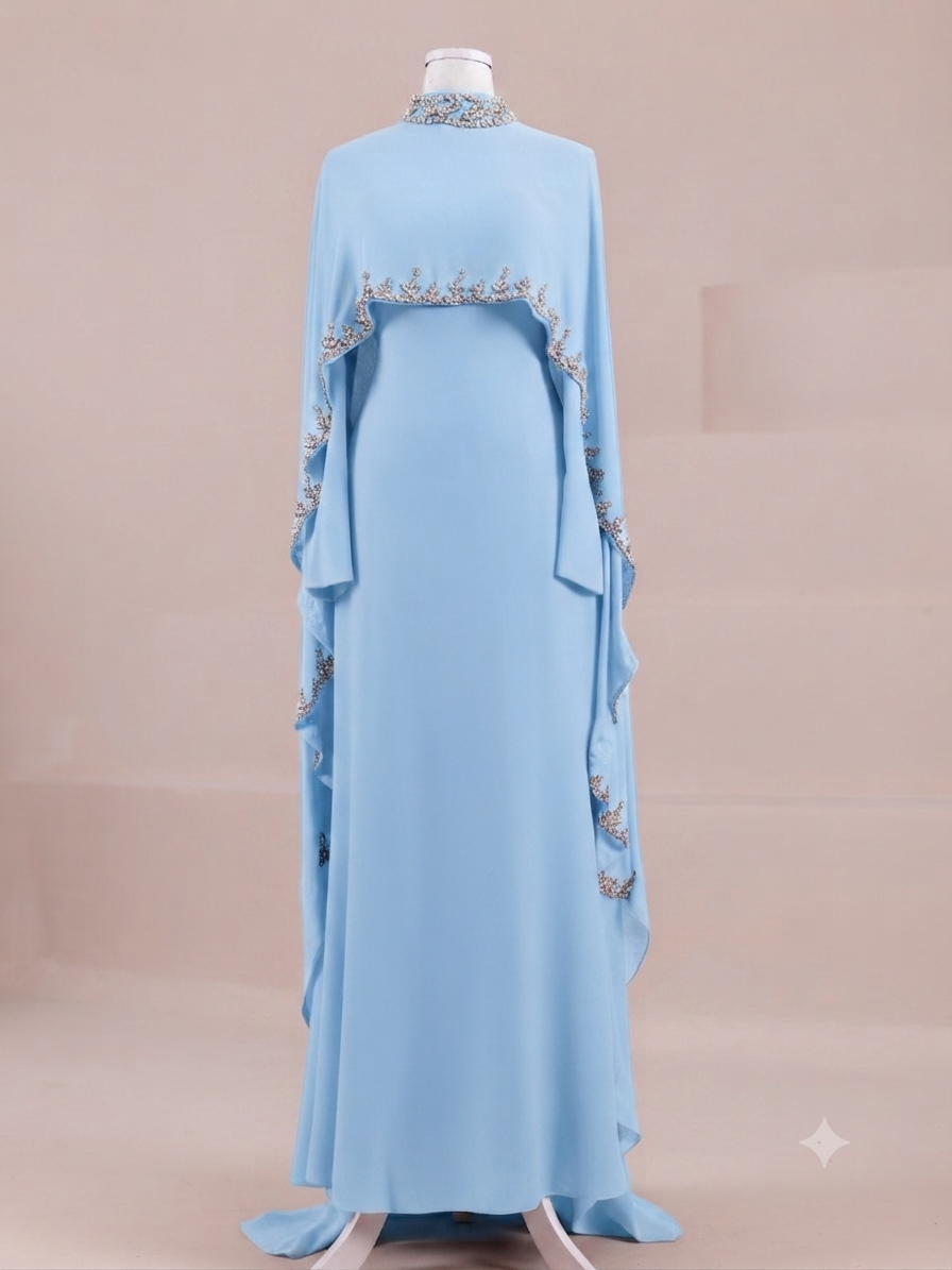 Woman wearing multiple colors available the embellished cape gown — embellished georgette modest abaya by Rubab's Hijab