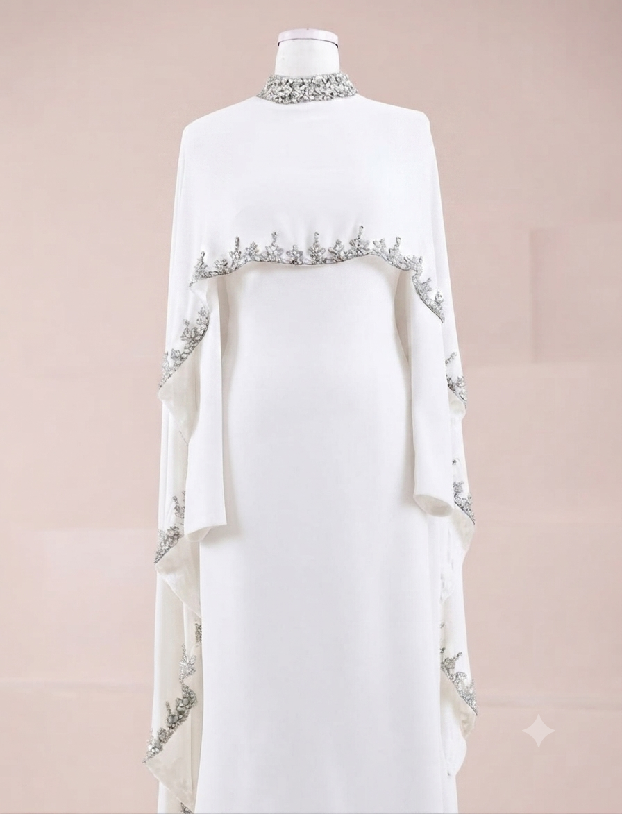 Woman wearing multiple colors available the embellished cape gown — embellished georgette modest abaya by Rubab's Hijab