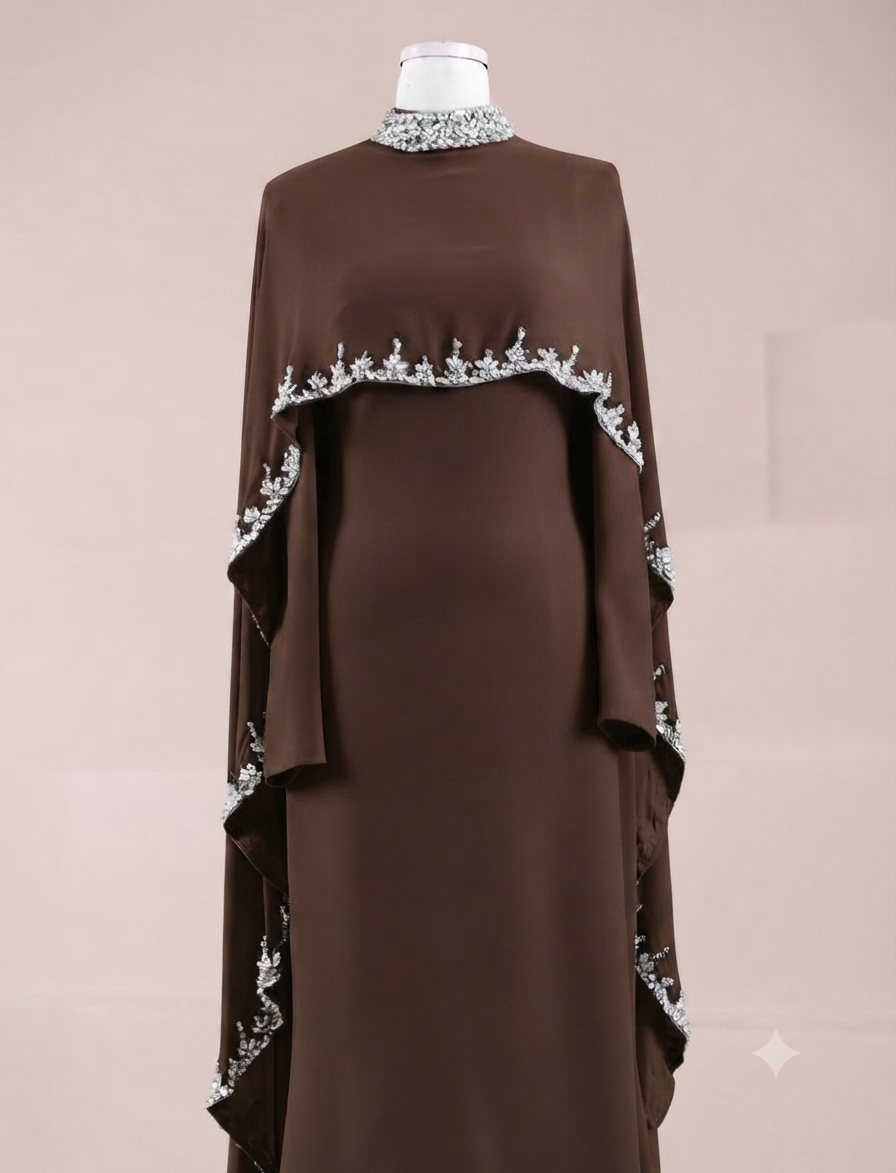 Woman wearing multiple colors available the embellished cape gown — embellished georgette modest abaya by Rubab's Hijab