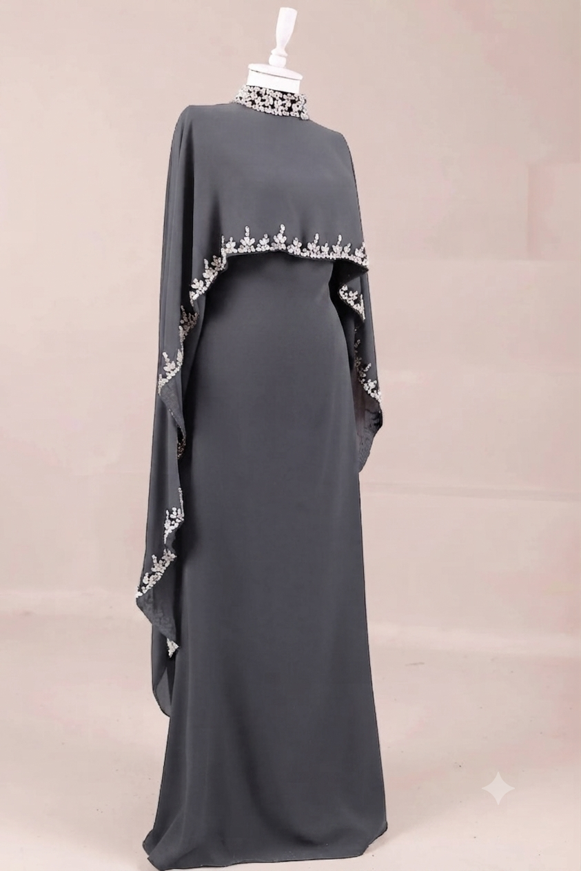 Woman wearing multiple colors available the embellished cape gown — embellished georgette modest abaya by Rubab's Hijab