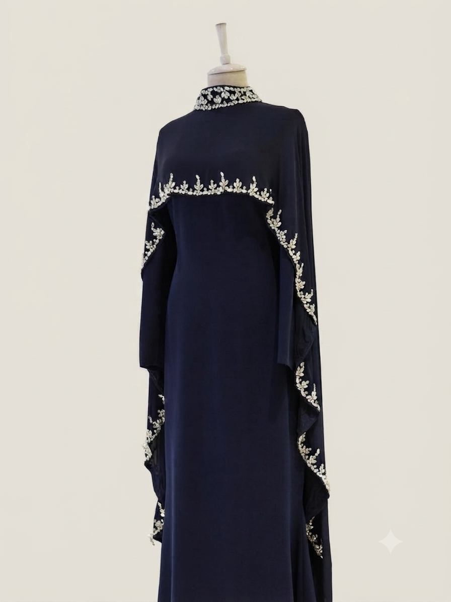 Woman wearing multiple colors available the embellished cape gown — embellished georgette modest abaya by Rubab's Hijab