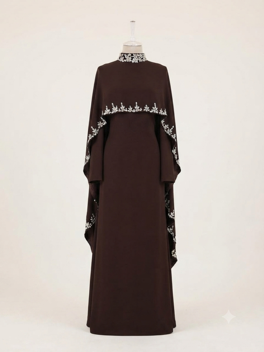 Woman wearing multiple colors available the embellished cape gown — embellished georgette modest abaya by Rubab's Hijab