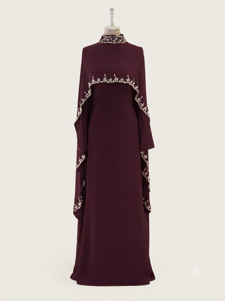 Woman wearing multiple colors available the embellished cape gown — embellished georgette modest abaya by Rubab's Hijab