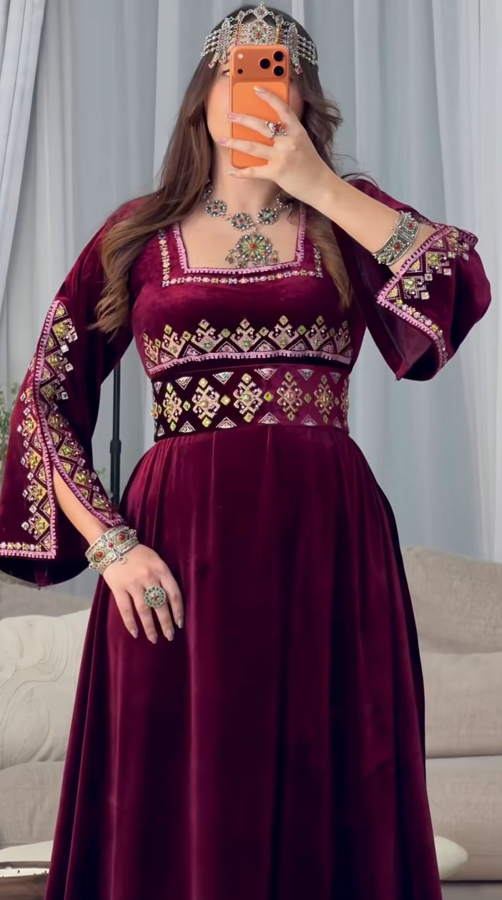 Tribal Velvet Long Dress for Women | Winter Wedding & Occasion Wear
