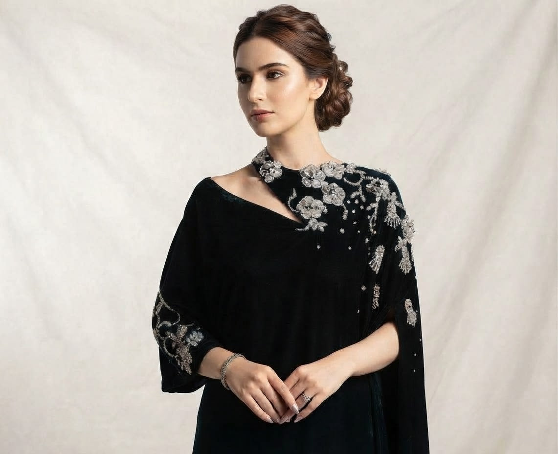 Beautiful Velvet Kaftan for Women | Shoulder Cut Embroidery | Wedding and Occasion Party Wear