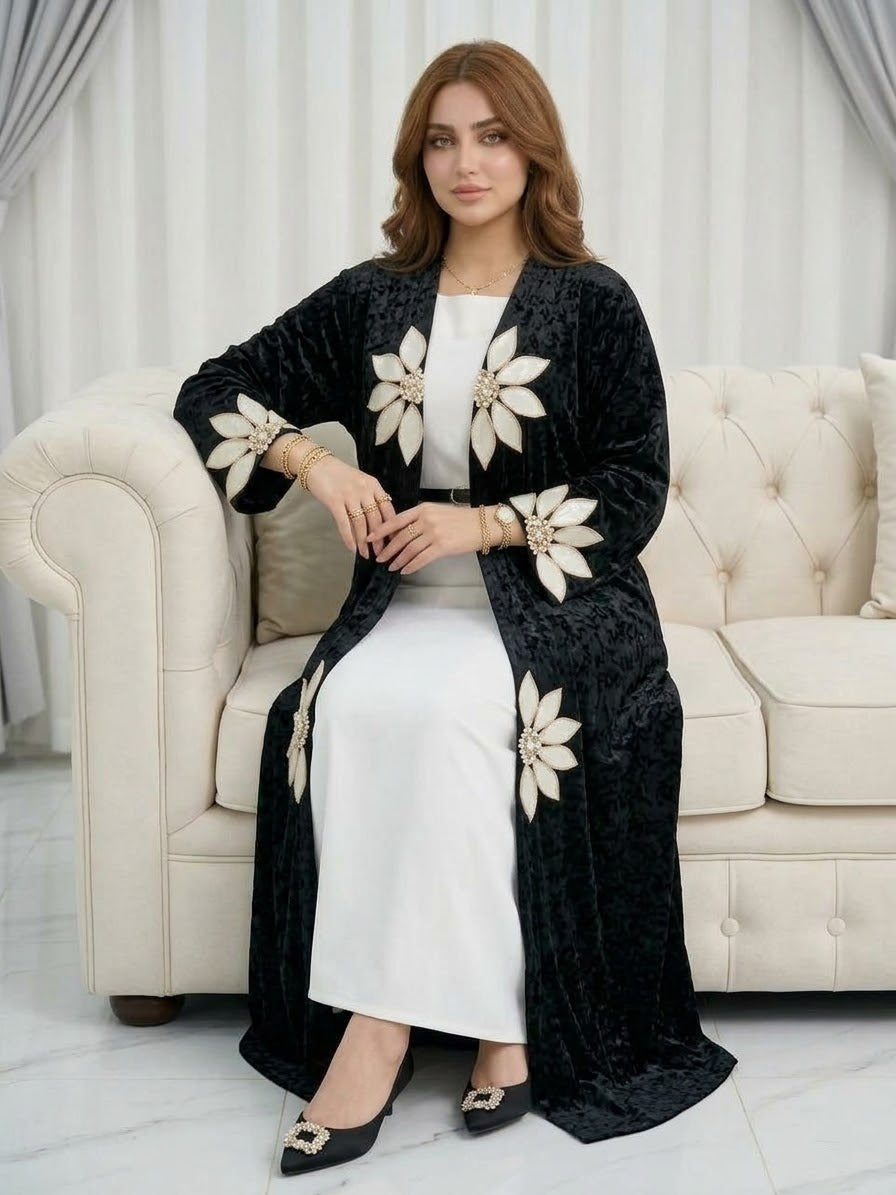 Floral Applique Velvet Kaftan | Premium Hand-Embroidered Arabic Party Wear & Winter Gown
