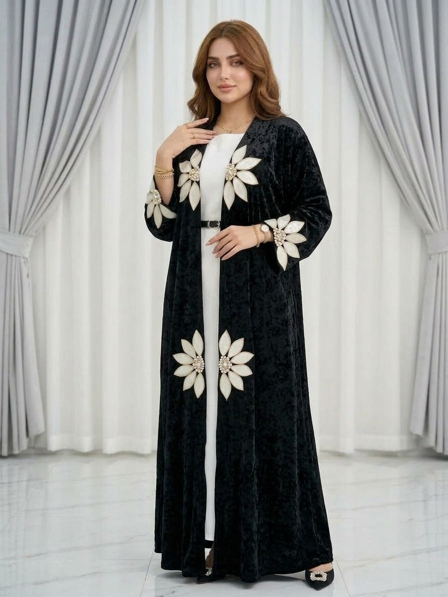 Floral Applique Velvet Kaftan | Premium Hand-Embroidered Arabic Party Wear & Winter Gown