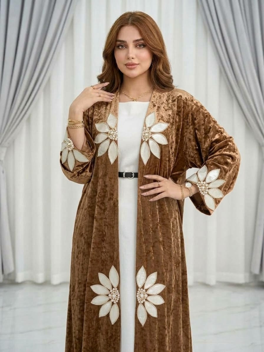 Floral Applique Velvet Kaftan | Premium Hand-Embroidered Arabic Party Wear & Winter Gown