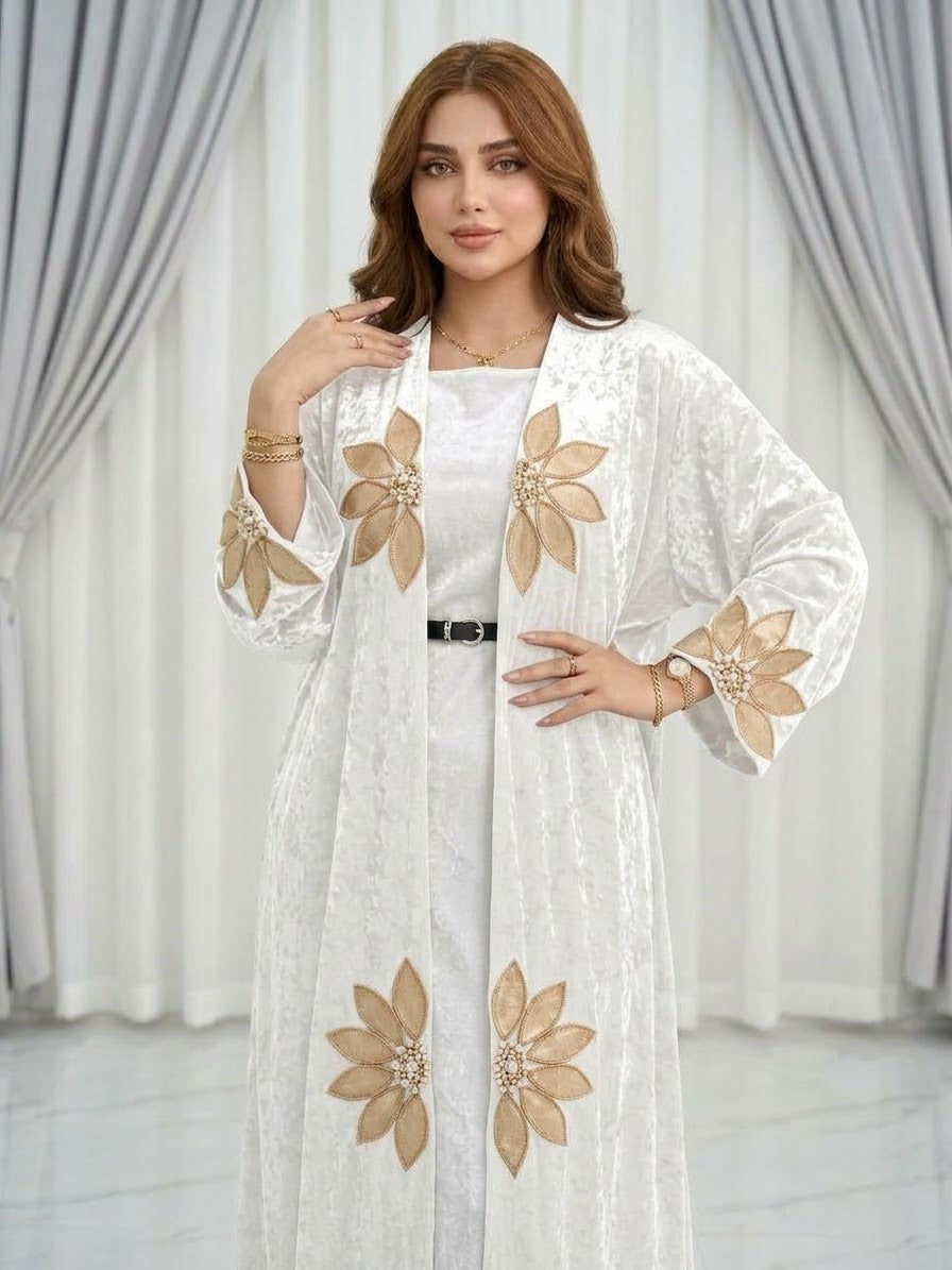 Floral Applique Velvet Kaftan | Premium Hand-Embroidered Arabic Party Wear & Winter Gown