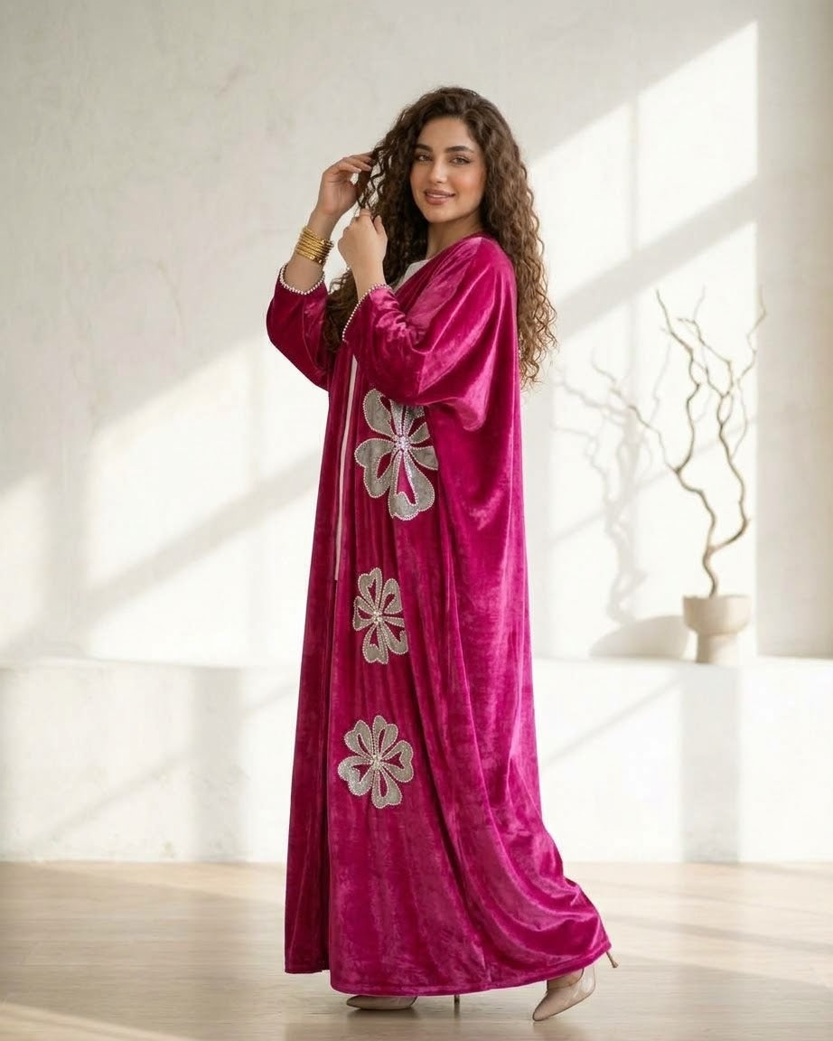Silver Floral Applique Velvet Open Kaftan | Luxury Arabic Winter Wedding Party Wear Dress