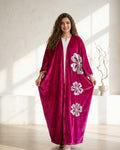 Silver Floral Applique Velvet Open Kaftan | Luxury Arabic Winter Wedding Party Wear Dress