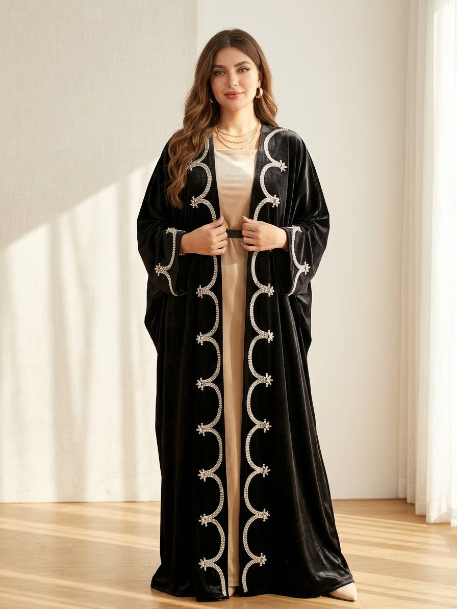 Designer Open Front Velvet Kaftan Abaya | Pearl Embroidered Luxury Winter Evening Robe