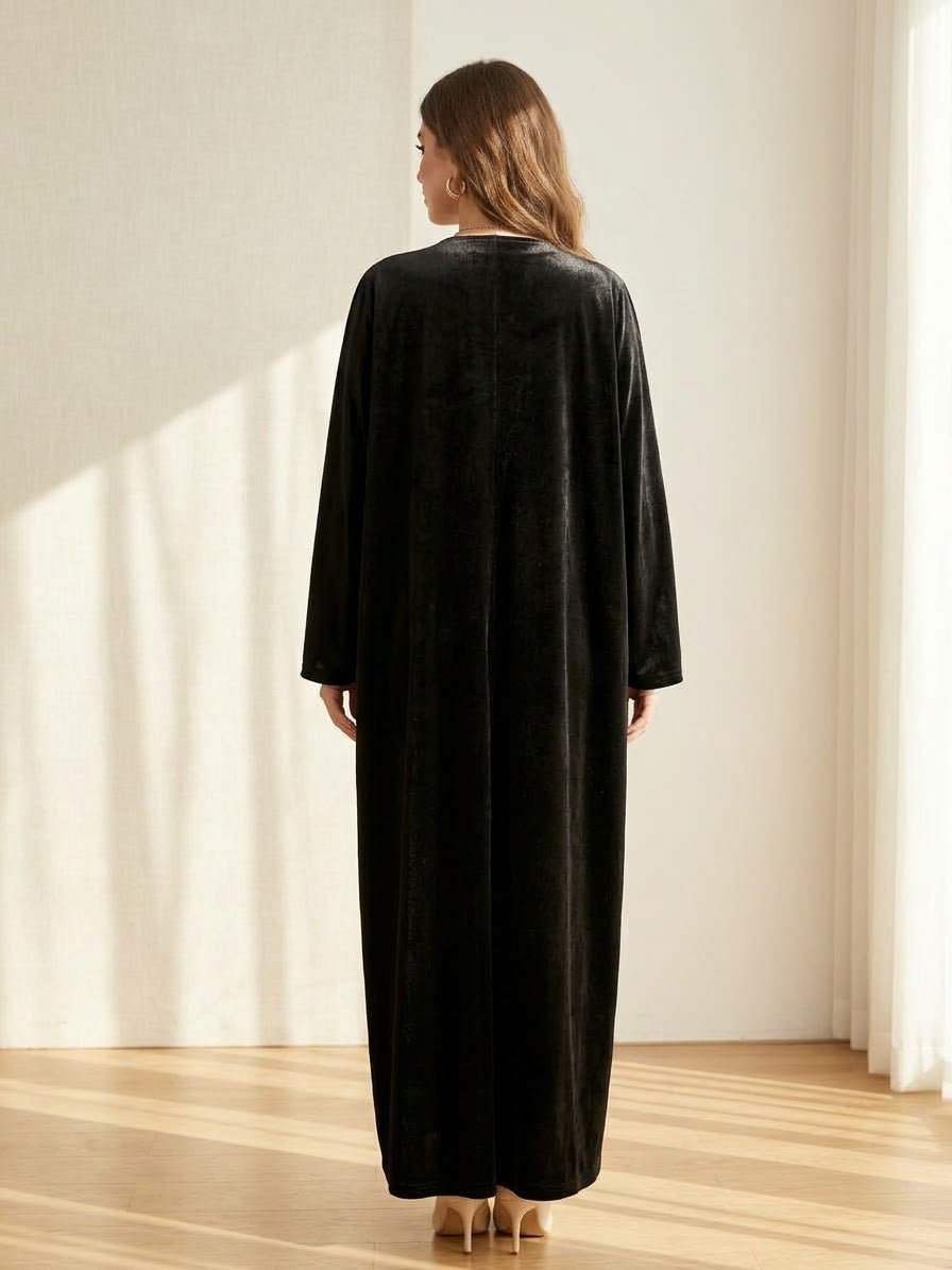 Designer Open Front Velvet Kaftan Abaya | Pearl Embroidered Luxury Winter Evening Robe