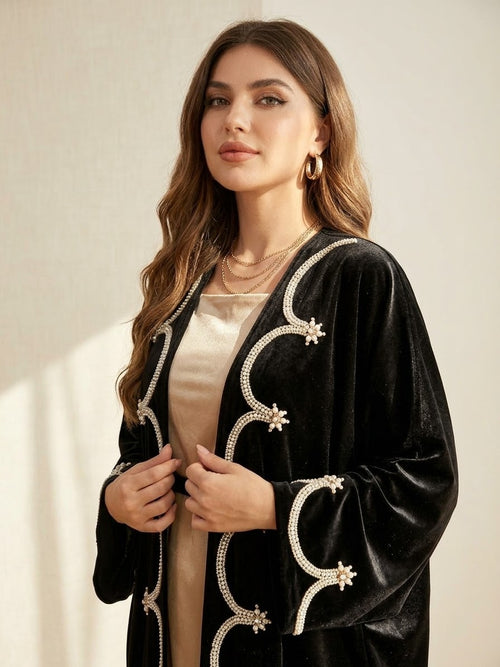 Designer Open Front Velvet Kaftan Abaya | Pearl Embroidered Luxury Winter Evening Robe