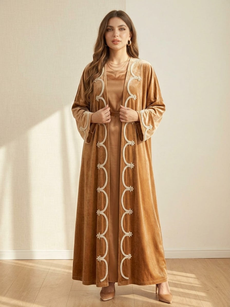 Designer Open Front Velvet Kaftan Abaya | Pearl Embroidered Luxury Winter Evening Robe