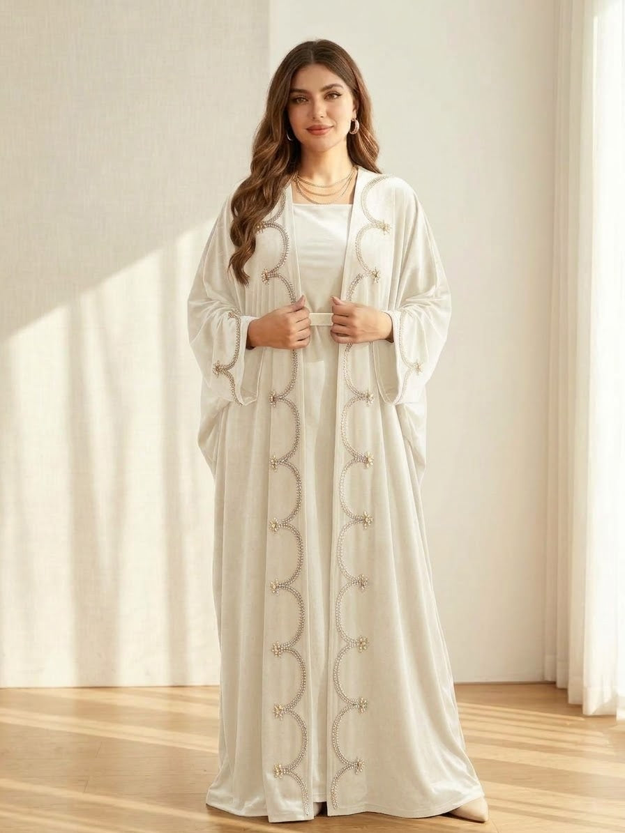 Designer Open Front Velvet Kaftan Abaya | Pearl Embroidered Luxury Winter Evening Robe