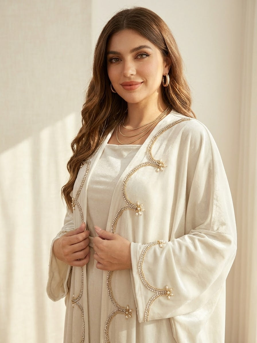 Designer Open Front Velvet Kaftan Abaya | Pearl Embroidered Luxury Winter Evening Robe