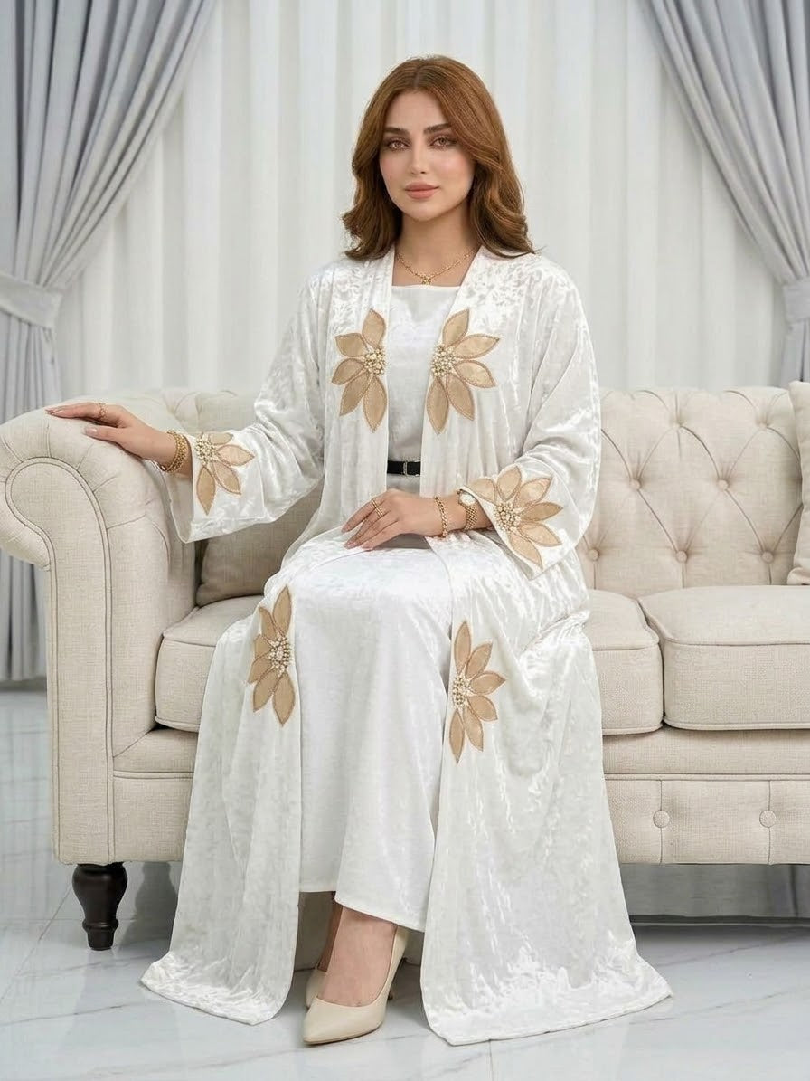 Floral Applique Velvet Kaftan | Premium Hand-Embroidered Arabic Party Wear & Winter Gown