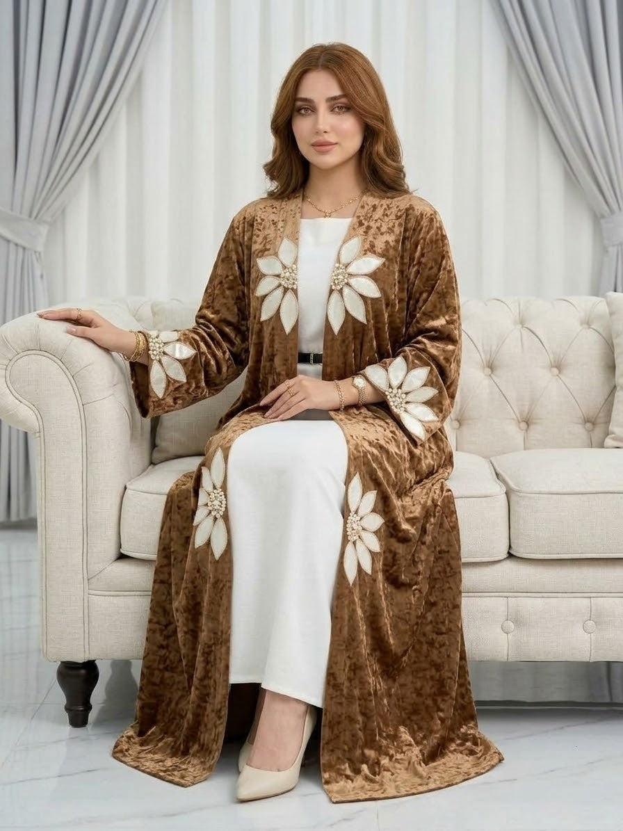 Floral Applique Velvet Kaftan | Premium Hand-Embroidered Arabic Party Wear & Winter Gown