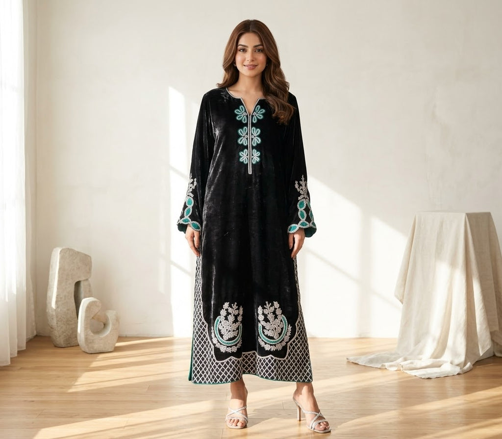 Black Velvet Kaftan for Women | Luxury Turquoise Floral Embroidery & Lattice Hem Winter Party Dress