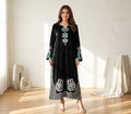Black Velvet Kaftan for Women | Luxury Turquoise Floral Embroidery & Lattice Hem Winter Party Dress