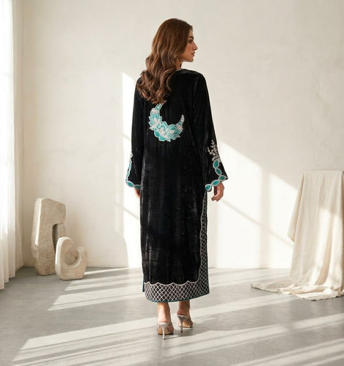 Black Velvet Kaftan for Women | Luxury Turquoise Floral Embroidery & Lattice Hem Winter Party Dress
