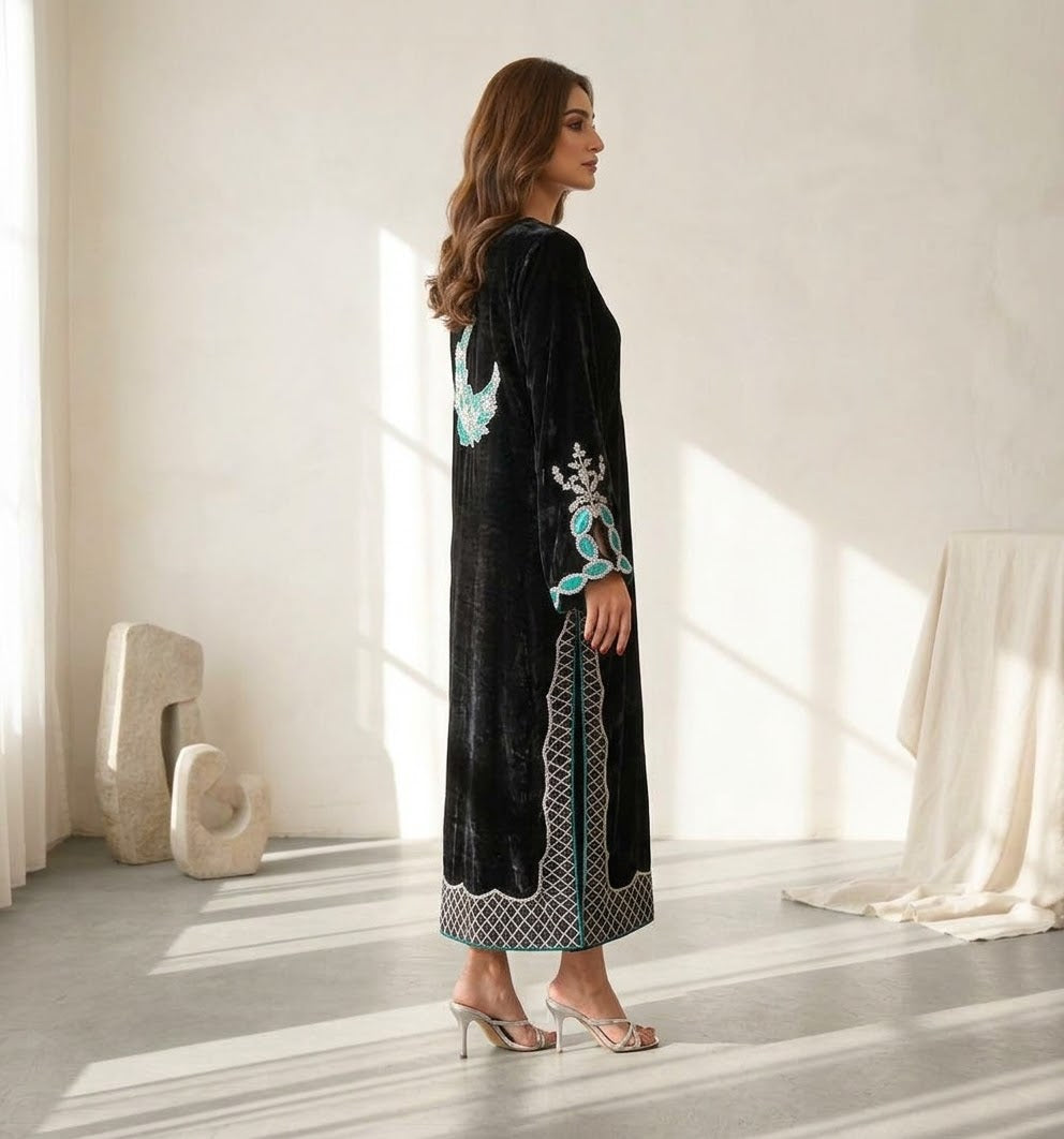 Black Velvet Kaftan for Women | Luxury Turquoise Floral Embroidery & Lattice Hem Winter Party Dress