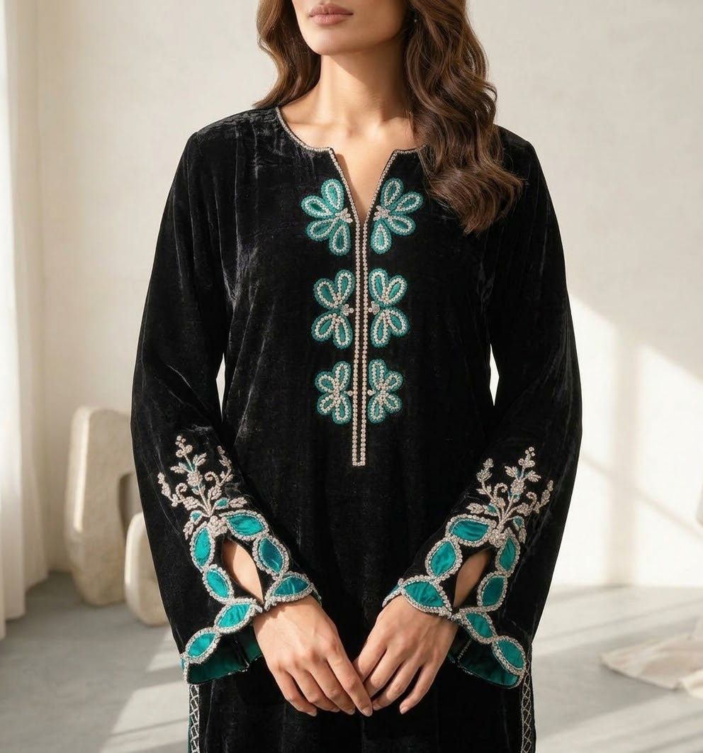 Black Velvet Kaftan for Women | Luxury Turquoise Floral Embroidery & Lattice Hem Winter Party Dress