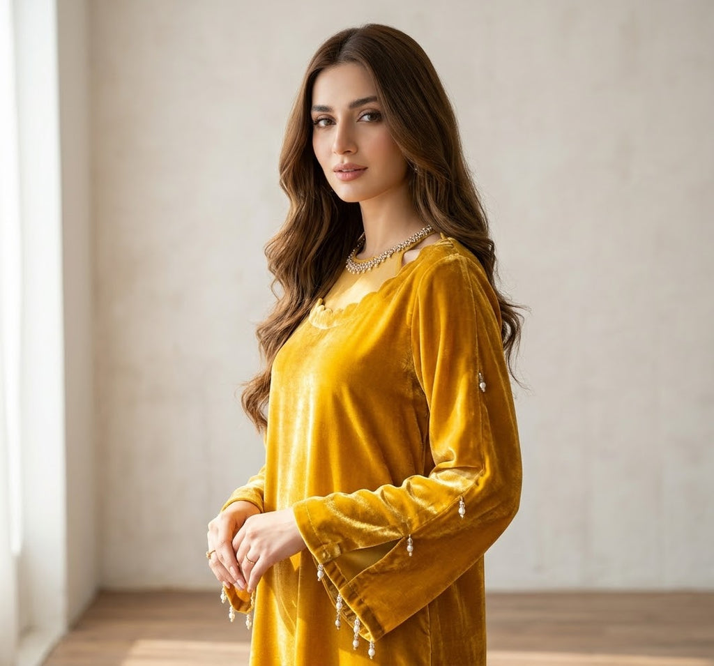 Luxury Velvet Kaftan with Organza Neckline Embroidery | Hand-Embroidered Arabic Winter Party Wear
