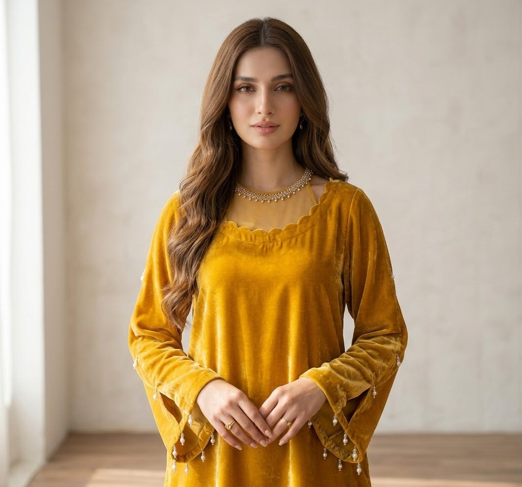 Luxury Velvet Kaftan with Organza Neckline Embroidery | Hand-Embroidered Arabic Winter Party Wear