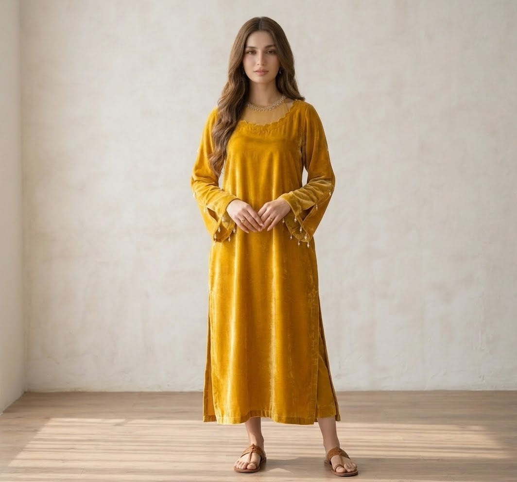 Luxury Velvet Kaftan with Organza Neckline Embroidery | Hand-Embroidered Arabic Winter Party Wear