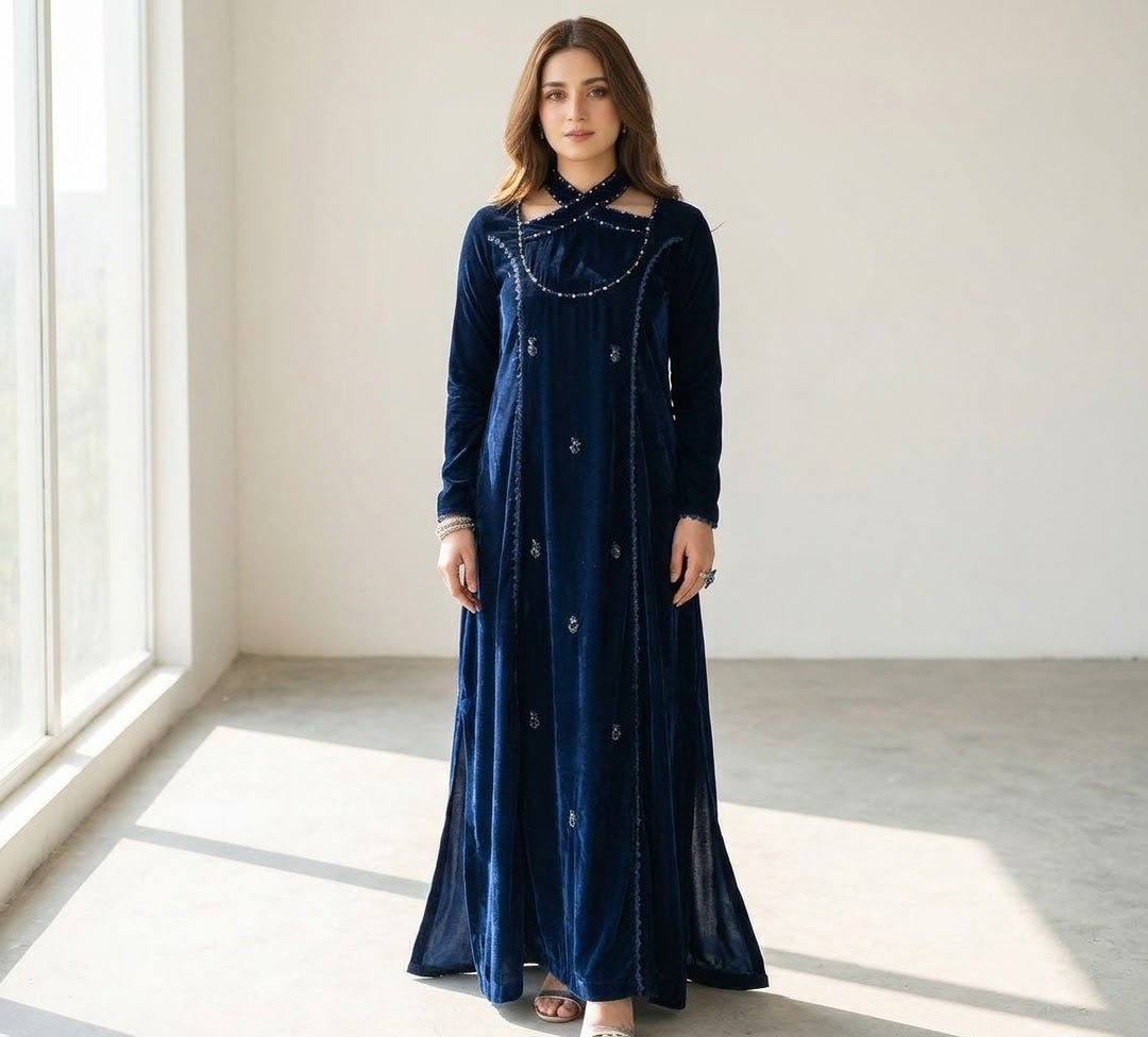 Luxury Velvet Kaftan with Cross Neckline Embroidery | Hand-Embroidered Arabic Winter Party Wear