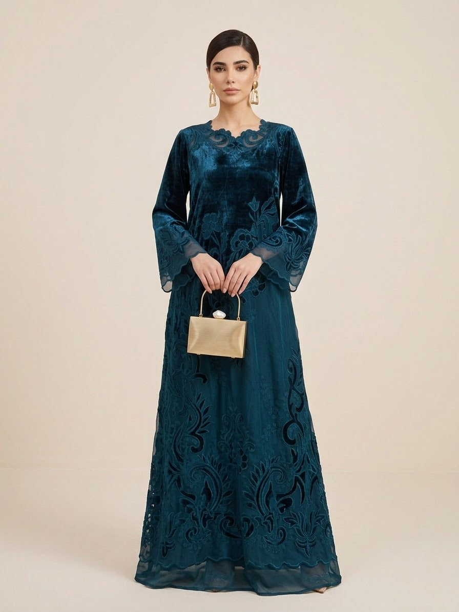 Azure Bloom Embroidered Kaftan for Women | Premium Teal Velvet Winter Party Robe
