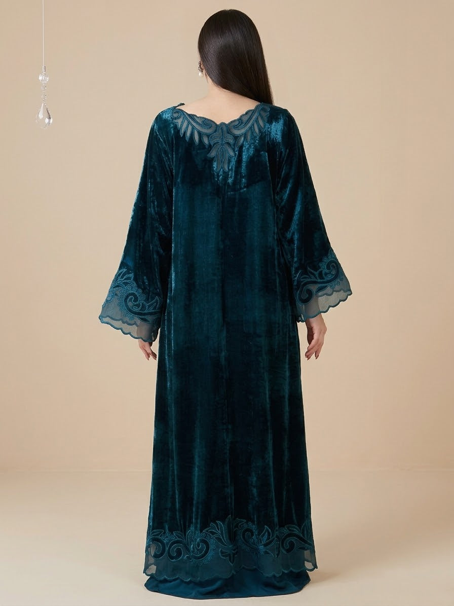 Azure Bloom Embroidered Kaftan for Women | Premium Teal Velvet Winter Party Robe