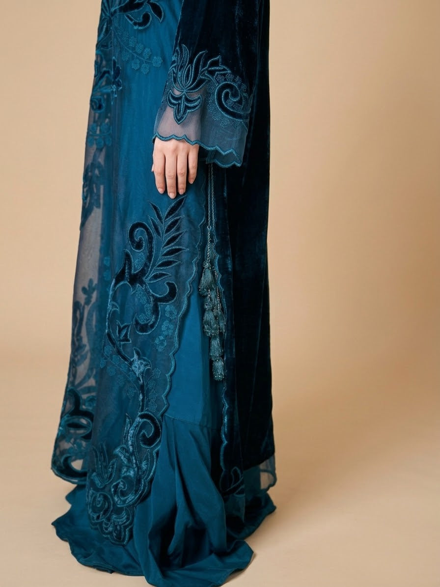 Azure Bloom Embroidered Kaftan for Women | Premium Teal Velvet Winter Party Robe