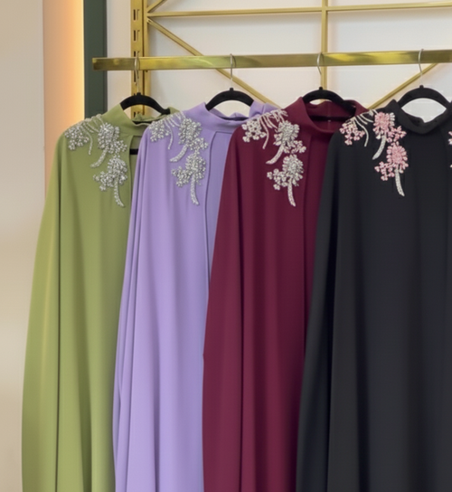Woman wearing red royal shoulder blossom embroidered abaya — embroidered nida modest abaya by Rubab's Hijab