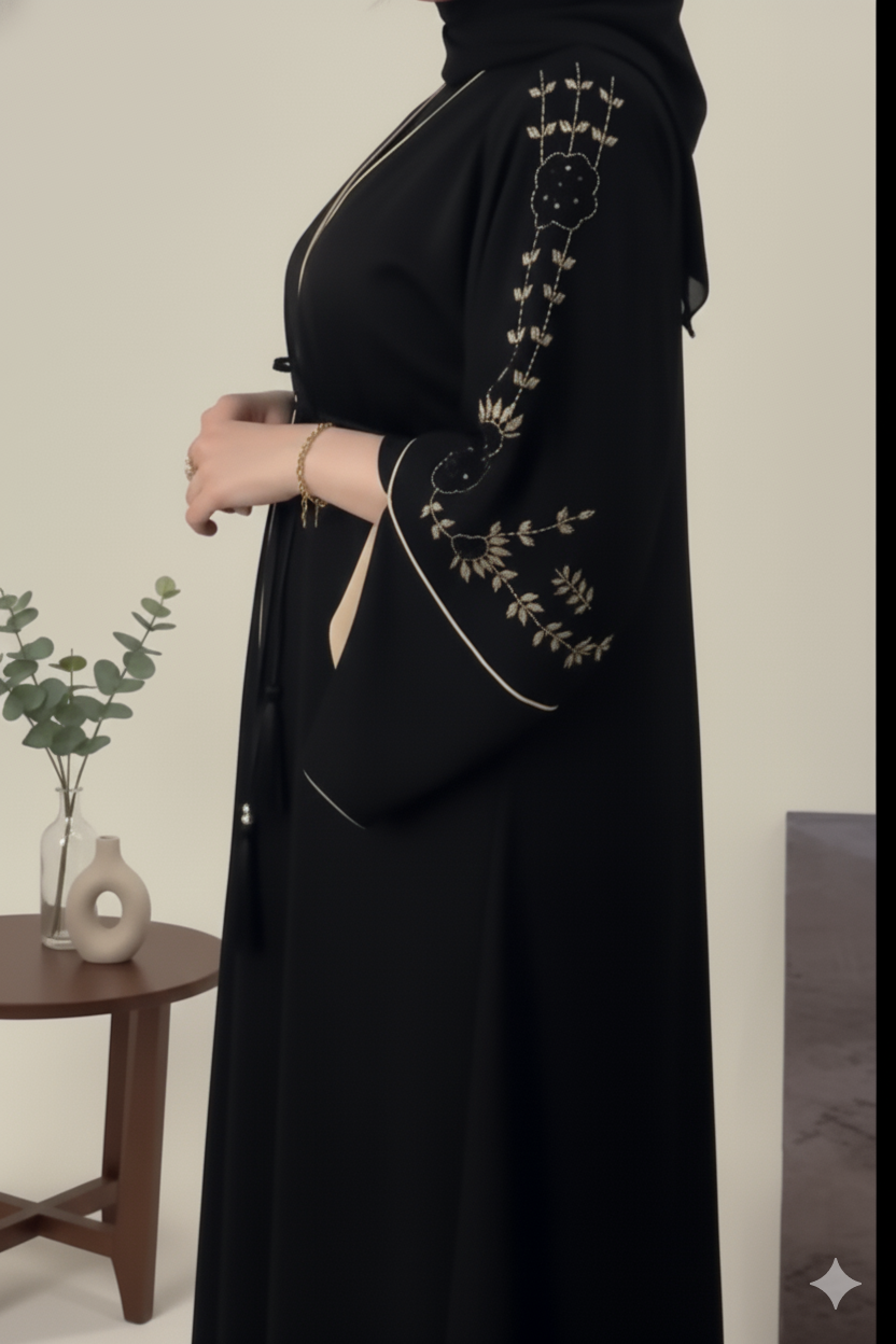 Schwarze Abaya mit steinbesetzten Ärmeln