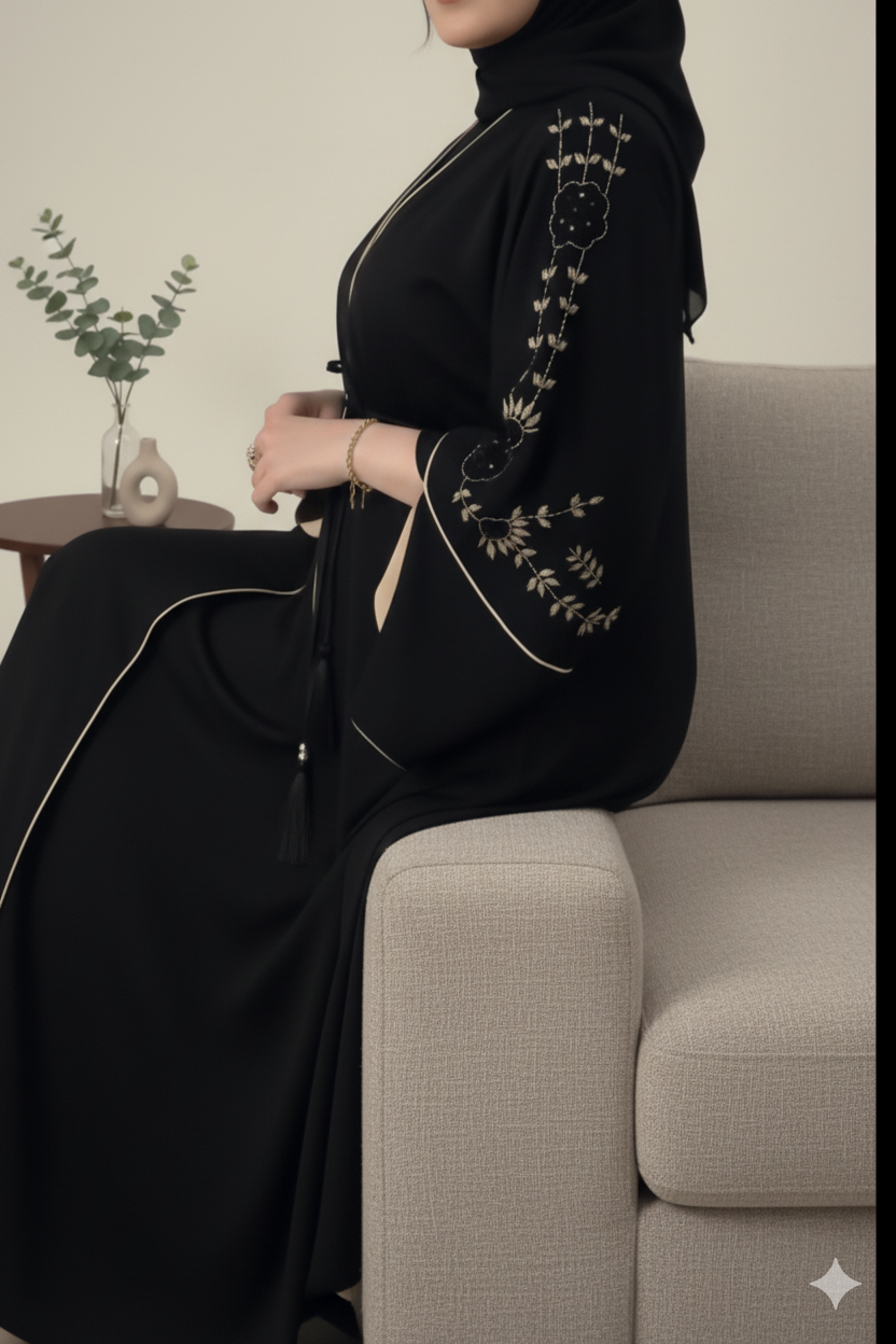 Schwarze Abaya mit steinbesetzten Ärmeln